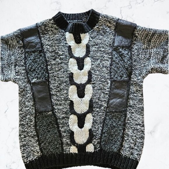 Vintage Street Scene 80s Black, White and Grey Leather Accent Fuzzy Sweater - Picture 2 of 6